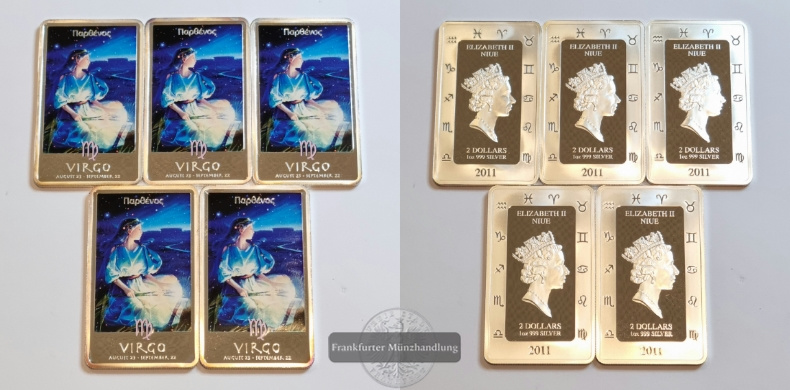  Niue 2 Dollars 2011 Silberbarren Sternzeichen Virgo 5 Stück LOT FM-Frankfurt Feinsilber: 155,34g   