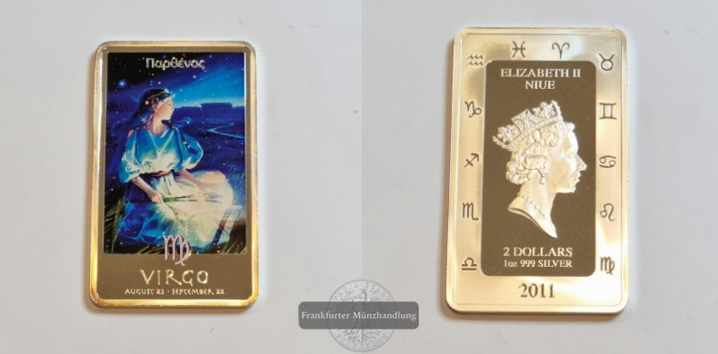  Niue 2 Dollars 2011 Silberbarren Sternzeichen Virgo FM-Frankfurt Feinsilber: 31g   