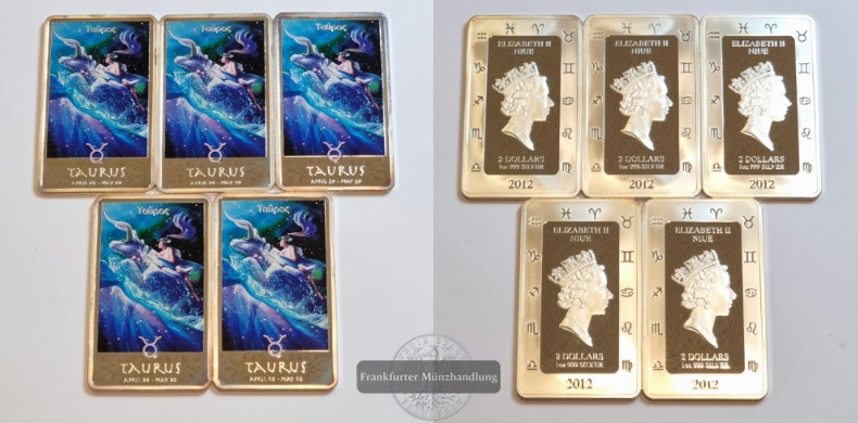  Niue 2 Dollars 2012 Silberbarren Sternzeichen Taurus 5 Stück LOT FM-Frankfurt Feinsilber: 155,34g   