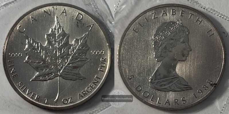  Kanada 5 Dollar 1988 Maple Leaf FM-Frankfurt KM#163 Feinsilber: 31,1g vz   