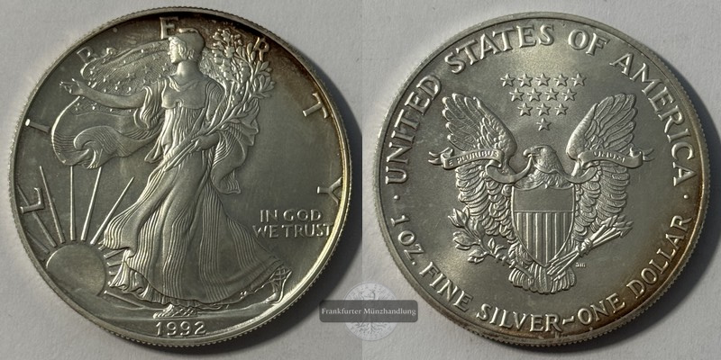  USA 1 Dollar 1992 Walking Liberty FM-Frankfurt KM#273 Feinsilber: 31,1g   