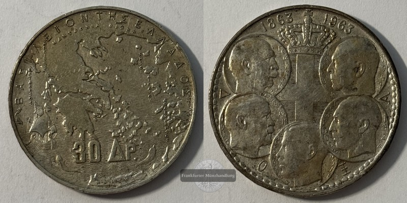  Griechenland 30 Drachmai Paul I (Royal Dynasty) 1963 FM-Frankfurt Feinsilber: 15g   
