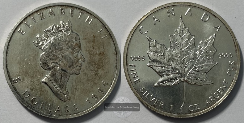  Kanada  5 Dollar  1996  Maple Leaf   FM-Frankfurt    Feinsilber: 31g   