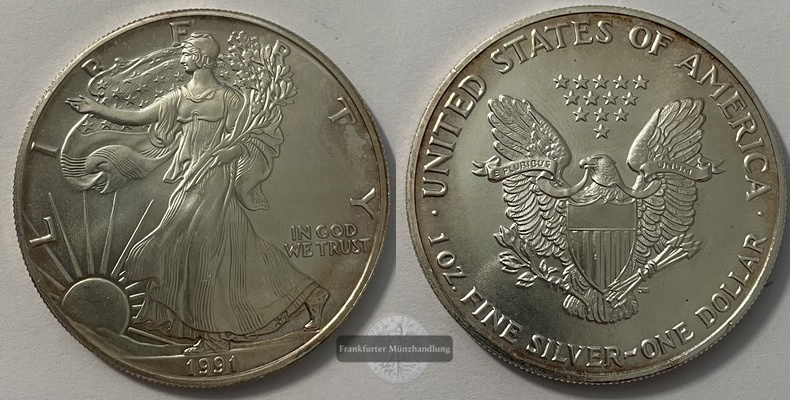  USA 1 Dollar 1991 Walking Liberty FM-Frankfurt KM#273 Feinsilber: 31,1g   