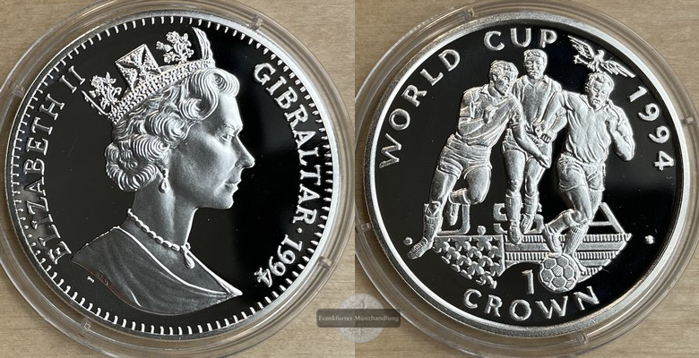  Gibraltar 1 Crown 1994 3 players running with ball (Proof) FM-Frankfurt Feinsilber: 26,46g   