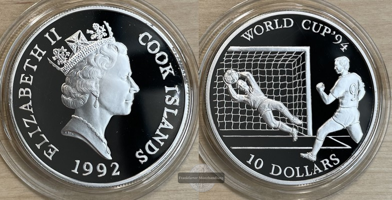  Cookinseln 10 Dollars 1992 (World Cup '94) (Proof) FM-Frankfurt KM#254 Feinsilber: 29,1g   