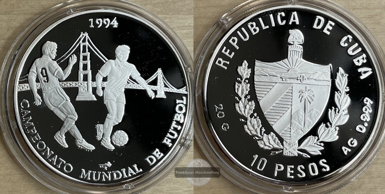  Kuba 10 pesos 1994 (World Cup Soccer USA '94) FM-Frankfurt Feinsilber: 20g   