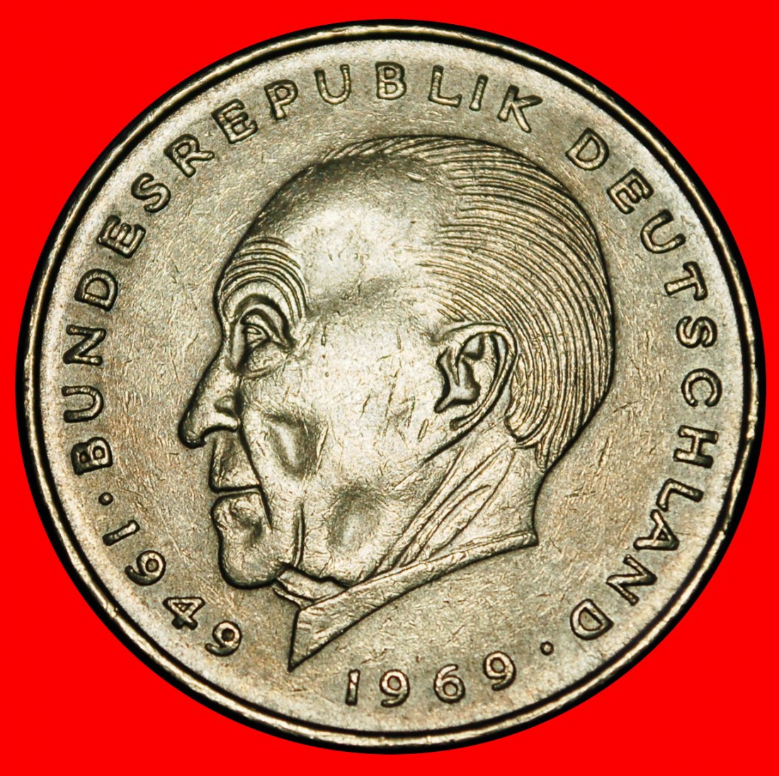  Ⰶ ADENAUER (1876-1967): GERMANY ★ 2 MARKS 1969D I+A+r1! BAVARIA! 1949-1969!★LOW START ★ NO RESERVE!   