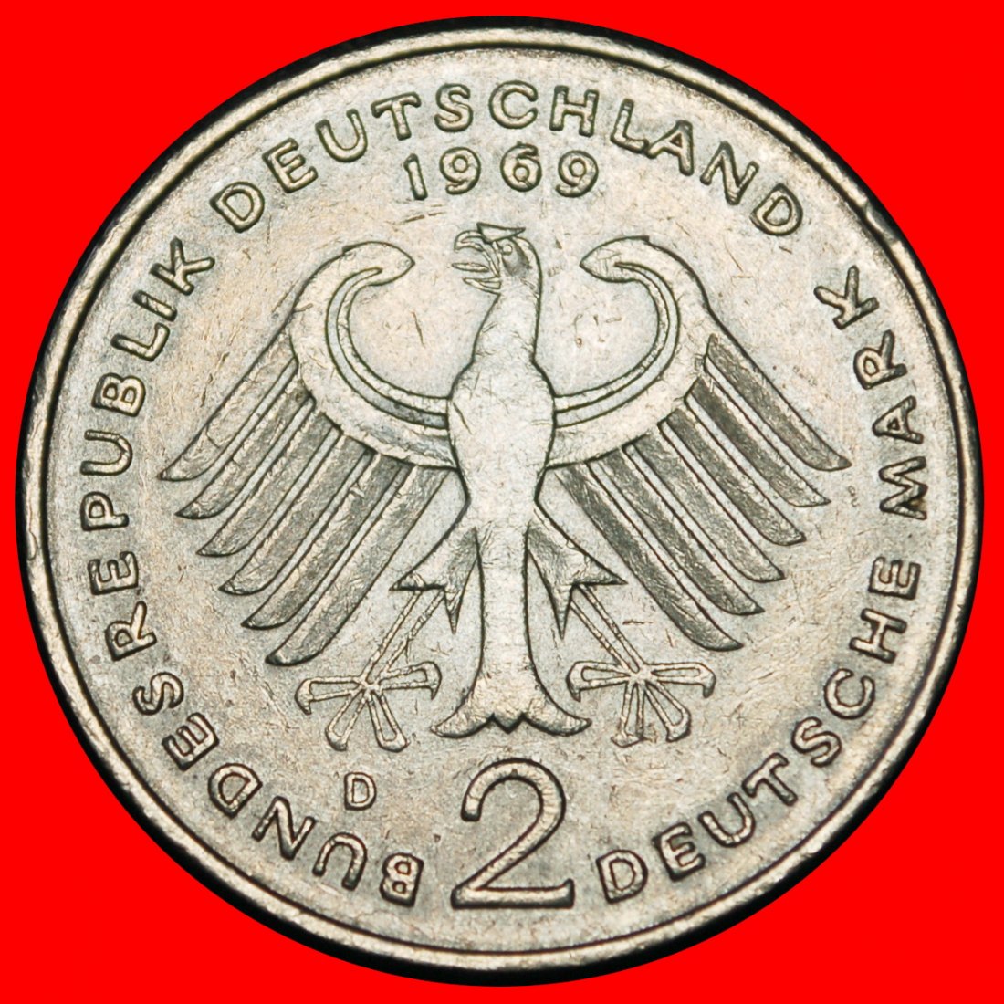  Ⰶ ADENAUER (1876-1967): GERMANY ★ 2 MARKS 1969D I+A+r1! BAVARIA! 1949-1969!★LOW START ★ NO RESERVE!   