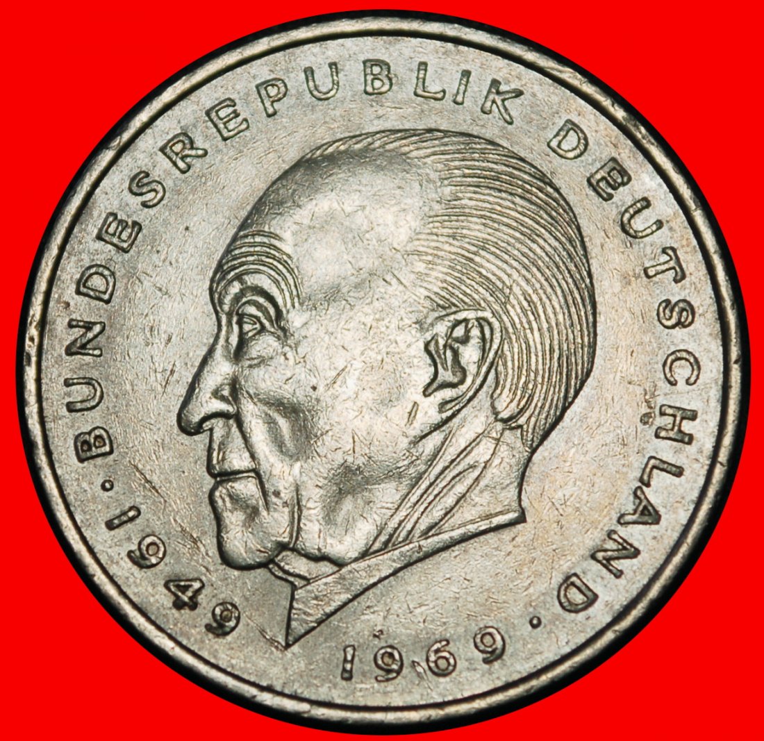  Ⰶ ADENAUER (1876-1967): GERMANY ★ 2 MARKS 1970J I+A+r1! HAMBURG! 1949-1969!★LOW START ★ NO RESERVE!   