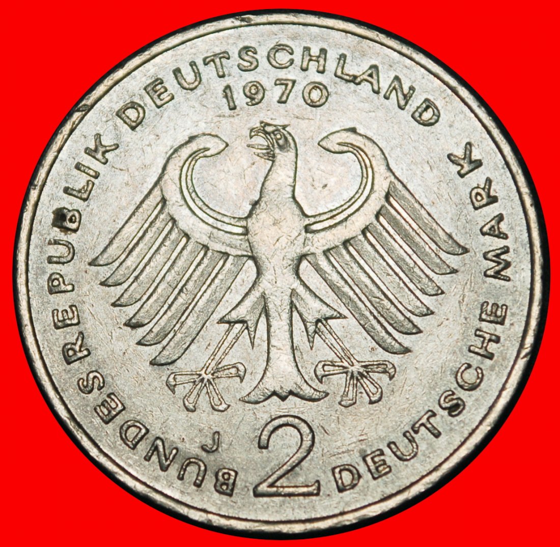  Ⰶ ADENAUER (1876-1967): GERMANY ★ 2 MARKS 1970J I+A+r1! HAMBURG! 1949-1969!★LOW START ★ NO RESERVE!   