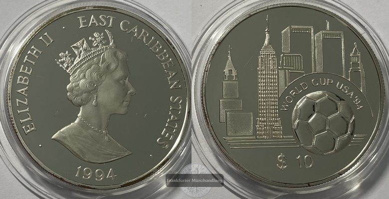  Ostkaribische Staaten 10 Dollars 1994 World Cup Soccer '94 FM-Frankfurt Feinsilber: 26,36g   
