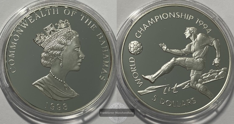  Bahamas 5 Dollars (World Soccer Championship) 1993 FM-Frankfurt Feinsilber: 21,6g   