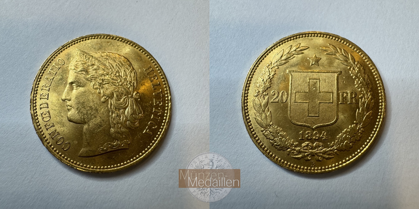  Schweiz 20 Francs 1894 (1883-1896) B (Libertas) MM-Frankfurt KM#31 Feingold: 5,81g   