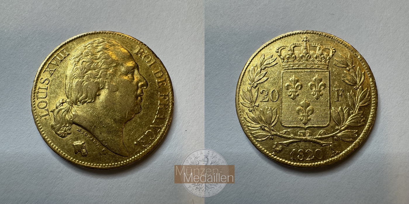  Frankreich 20 Francs 1820 (1816-1824) Louis XVIII A MM-Frankfurt Feingold: 5,8g   