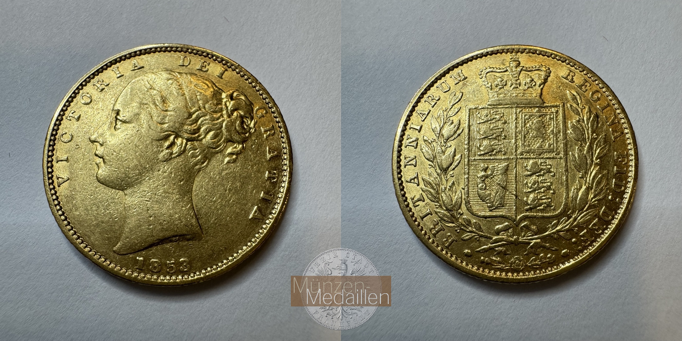  Großbritannien 1 Sovereign Victoria Shield 1853 (1838-1874) MM-Frankfurt KM# 736 Feingold: 7,32g   
