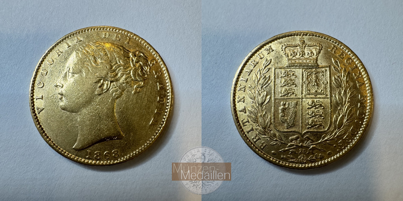  Großbritannien 1 Sovereign Victoria Shield 1868 (1838-1874) MM-Frankfurt KM# 736 Feingold: 7,32g   