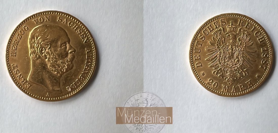 Dt. Kaiserreich. Sachsen-Altenburg, Feingold: 7,17g MM-Frankfurt  Ernst 1853-1908. 20 Mark 1887 A 