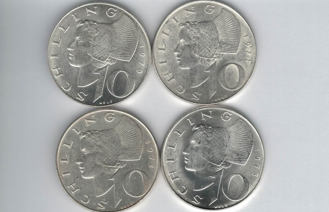  10 Schilling 1970 1971 1972 1973 Ag silber á 4,8g fein Österreich 2. Republik Spittalgold9800 (4785)   