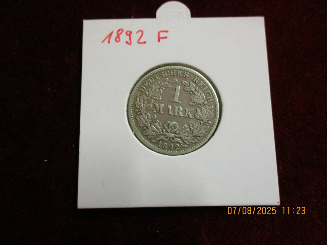  1 Mark Deutsches Reich 1892 F Silbermünze J.17   
