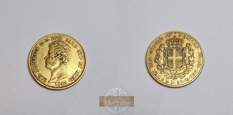 Sardinien, Karl Albert König 1831-1849. MM-Frankfurt Feingold: 5,81g 20 Lire 1841 