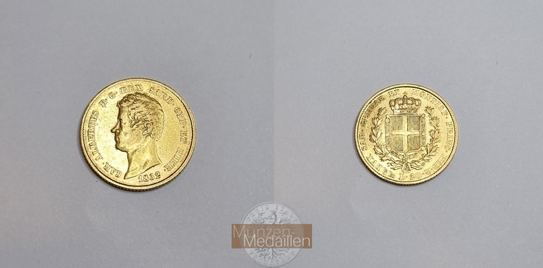 Sardinien, Karl Albert König 1831-1849. MM-Frankfurt Feingold: 5,81g 20 Lire 1832 