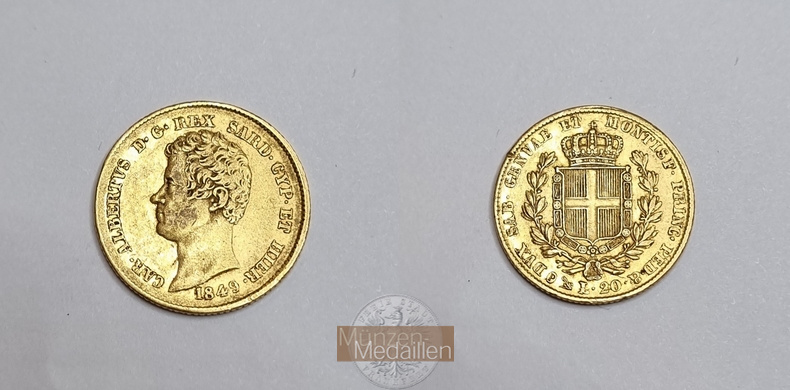Sardinien MM-Frankfurt Feingold: 5,81g 20 Lire 1849 