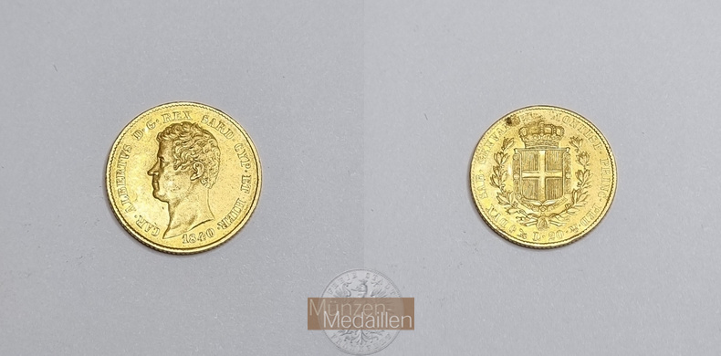 Sardinien MM-Frankfurt Feingold: 5,81g 20 Lire 1840 