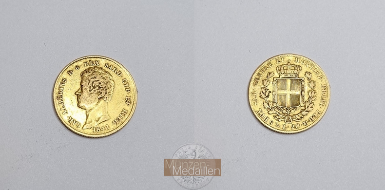 Sardinien MM-Frankfurt Feingold: 5,81g 20 Lire 1841 