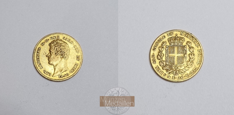 Sardinien MM-Frankfurt Feingold: 5,81g 20 Lire 1849 