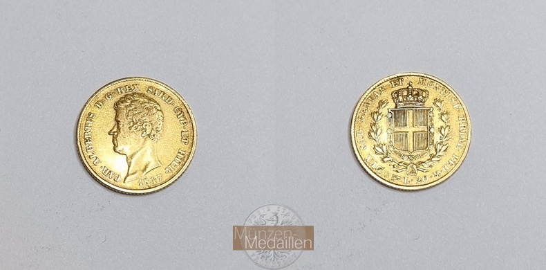 Sardinien MM-Frankfurt Feingold: 5,81g 20 Lire 1847 