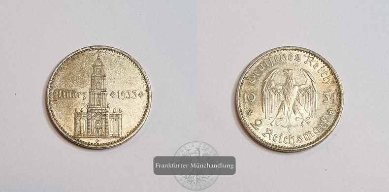  Dt. Reich 2 Reichsmark 1934 F Garnisonkirche Potsdam FM-Frankfurt KM#81 Feinsilber: 4g   