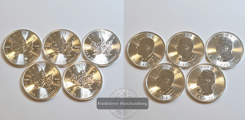  Kanada 5 Dollar 2024 Charles III Maple Leaf 5 Münzen LOT FM-Frankfurt KM#3432  Feinsilber: 155,35g   