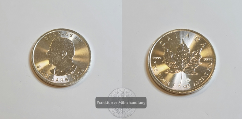  Kanada 5 Dollar 2024 Charles III Maple Leaf FM-Frankfurt KM#3432  Feinsilber: 31g   