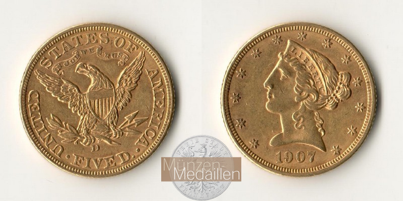 USA  5 Dollar MM-Frankfurt Feingold: 7,52g Half Eagle 1907 D 