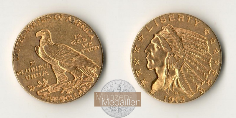 USA. 5 Dollar MM-Frankfurt Feingold: 7,52g Half Eagle - Indian Head 1913 
