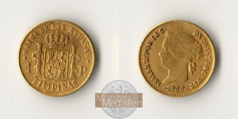 Philippinen  1 Peso MM-Frankfurt Feingold: 1,48g Isabella II. 1867 