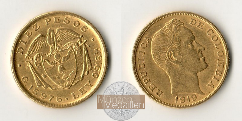 Kolumbien Feingold: 14,65g 10 Pesos 1919 