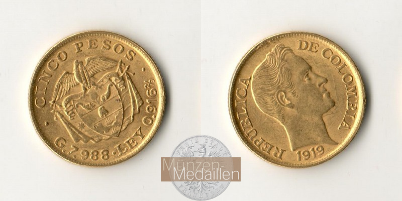 Kolumbien, Republik seit 1911. Feingold: 7,32g 5 Pesos 1919 