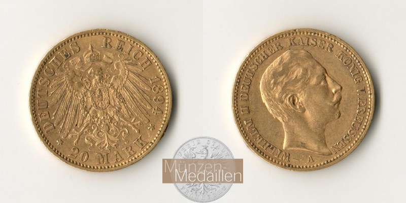 Preussen, Kaiserreich  20 Mark MM-Frankfurt Feingold: 7,17g Wilhelm II. 1891-1918 1894 A 