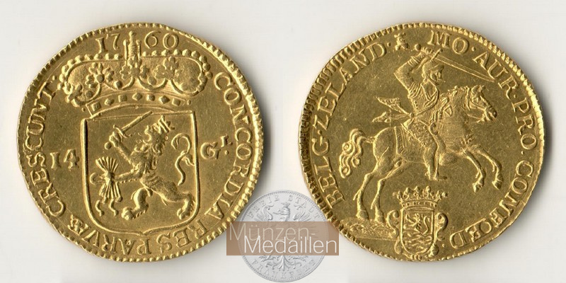 Niederlande, MM-Frankfurt  Feingold: 9,2g 14 Gulden 1760 