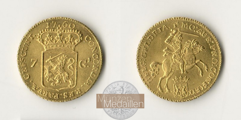 Niederlande, MM-Frankfurt  Feingold: 4,6g 7 Gulden 1760 