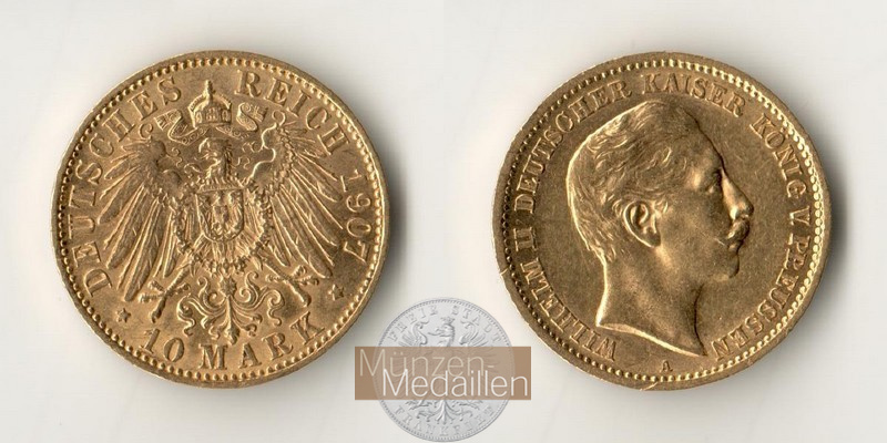 Dt. Kaiserreich, Preussen 10 Mark MM-Frankfurt Feingold: 3,58g Wilhelm II. 1888-1918 1907 A 