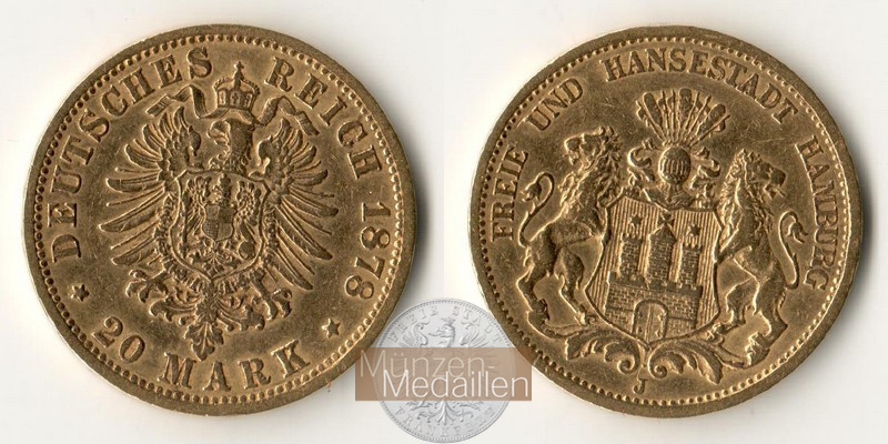 Hamburg, Kaiserreich MM-Frankfurt KM#602 Feingold: 7,17g 20 Mark (1875-1889) 1878 J 