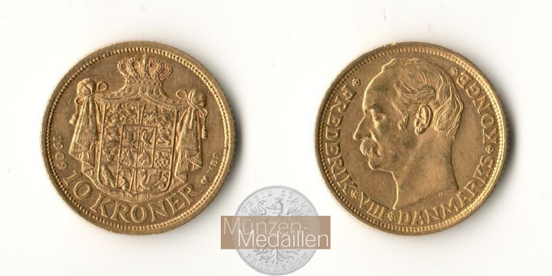 Dänemark, Frederik VIII. (1906-1912) MM-Frankfurt Feingold: 4,03g 10 Kroner 1909 VBP 