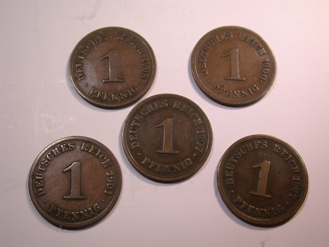  J07 KR  5 x 1 Pfennig 1900-1907 verschieden in ss Originalbilder   