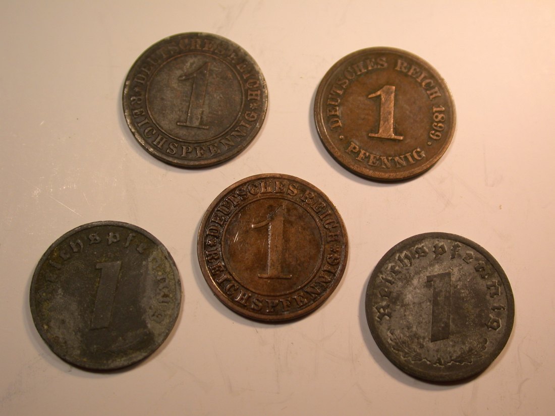  J07   5 x 1 Pfennig 1899-1945 verschieden in ss Originalbilder   