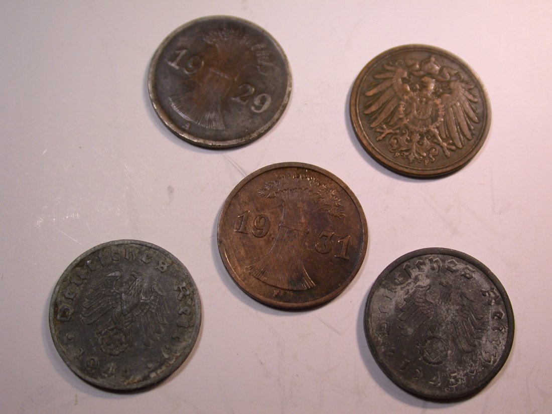  J07   5 x 1 Pfennig 1899-1945 verschieden in ss Originalbilder   