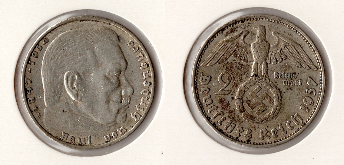  III. Reich 2 Reichsmark 1937 -A- Hindenburg HK* Jaeger 366. f.vz Silber   