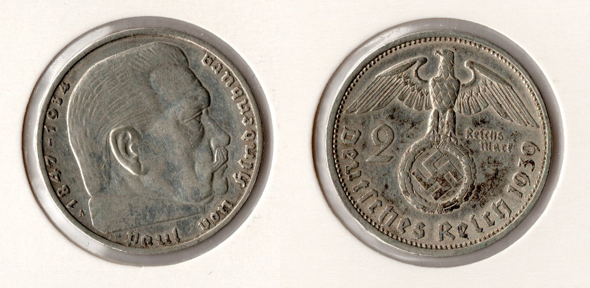  III. Reich 2 Reichsmark 1939 -A- Hindenburg HK* Jaeger 366. ss-vz Silber   